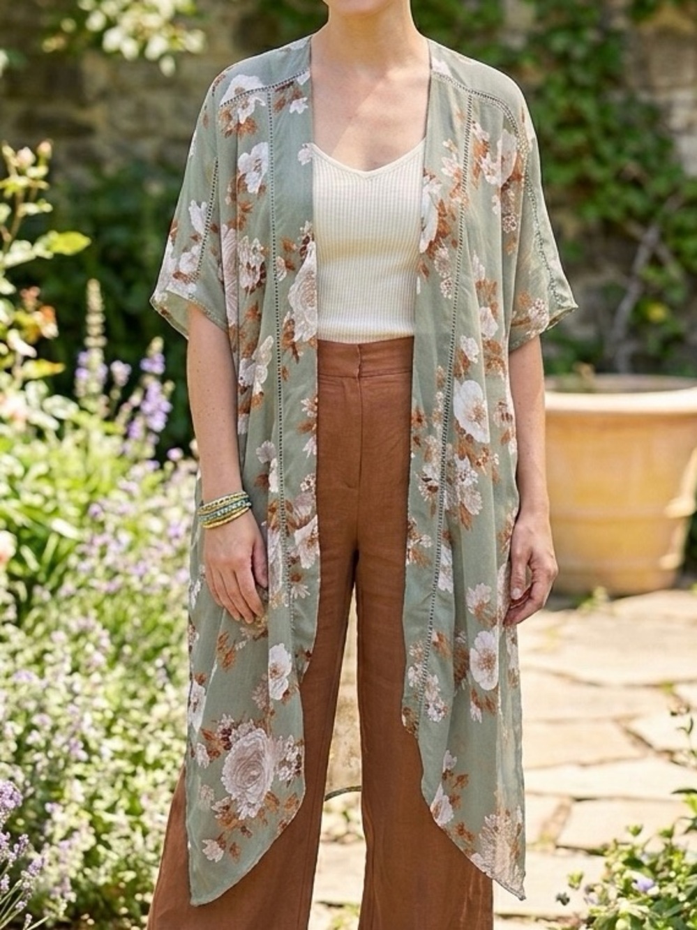 Land of Gypsies Sage Ivory Floral Chiffon Kimono Cardigan Duster Boho XS/S EUC